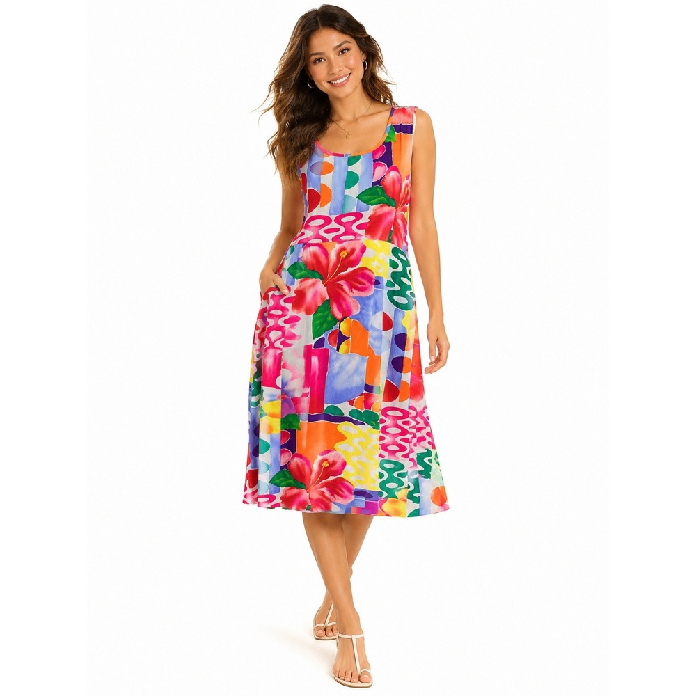 Jams World Womens  Midi Dress Medium Multicolor Tropical‎ Floral Rayon Sundress